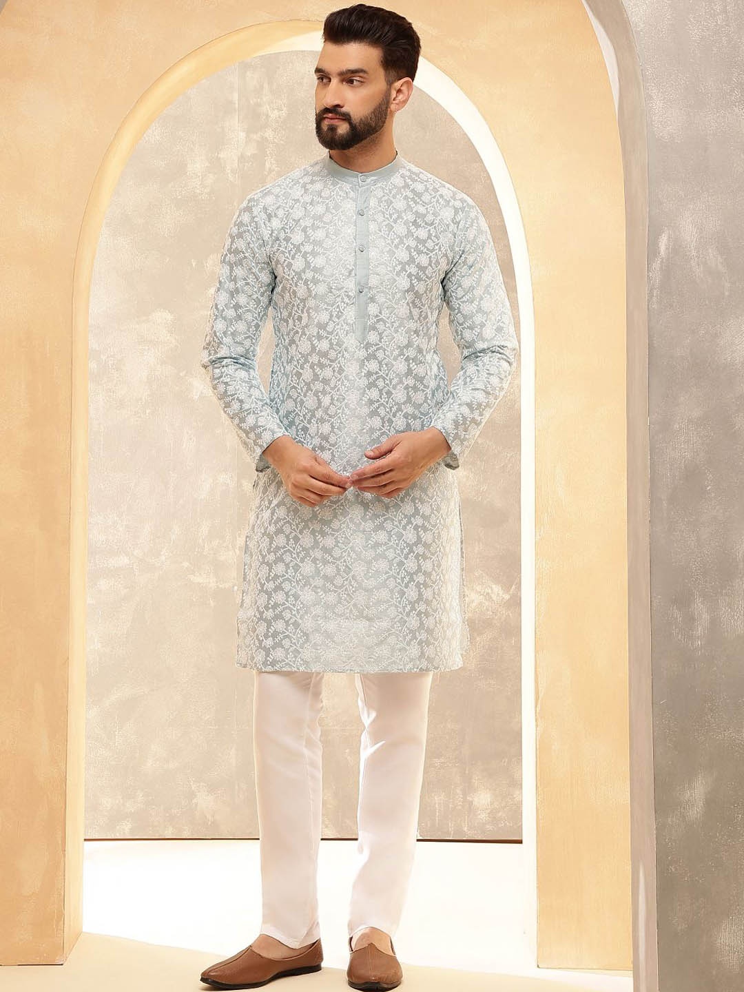 

Anouk White Floral Embroidered Band Collar Straight Kurta, Grey