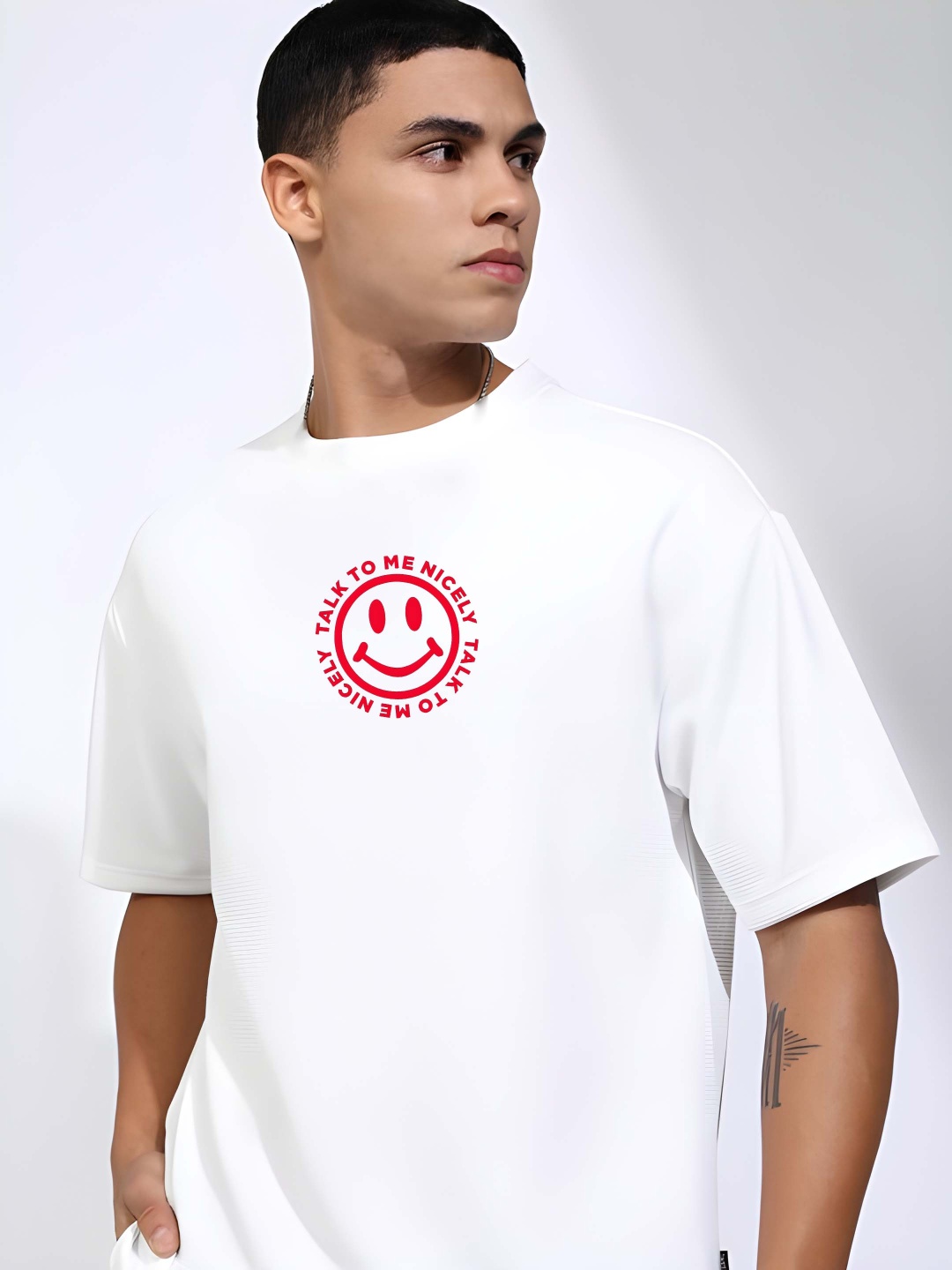 

Krimmple Men Graphic Printed Round Neck Cotton Oversized T-shirt, White