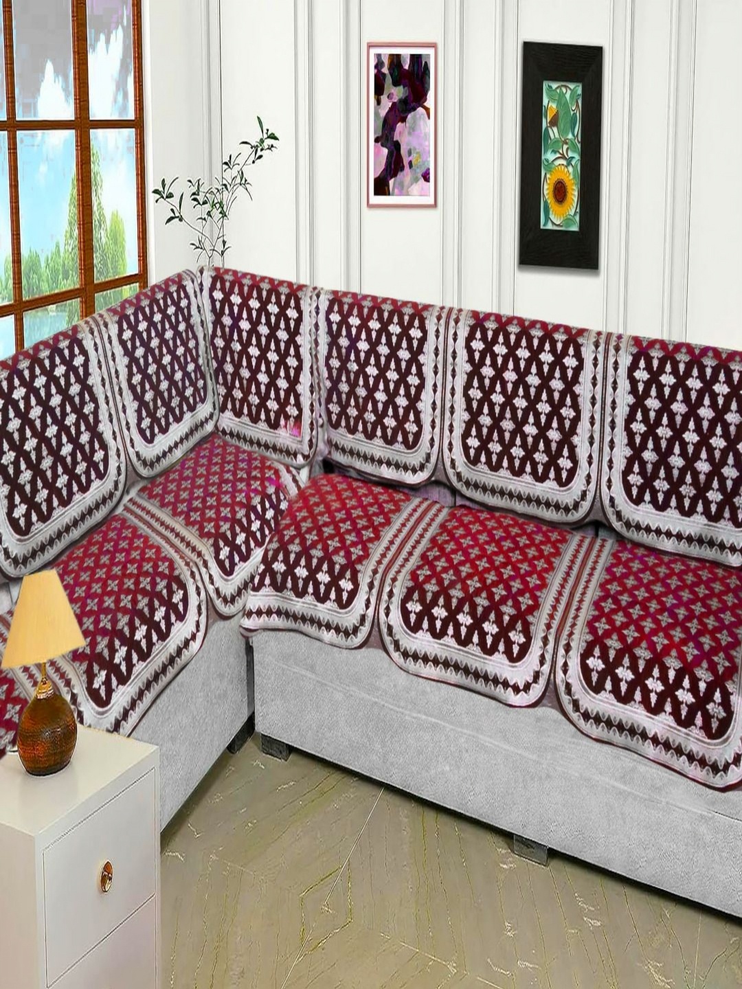

Fashion Throw Maroon & White 6 Pieces Printed Jacquard 7 Seater Sofa Cover