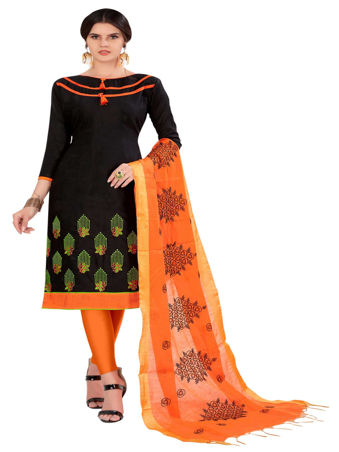 

HERE&NOW Ethnic Motifs Embroidered Thread Work Unstitched Dress Material, Black