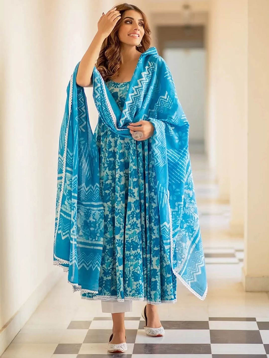 

Moda Rapido Floral Printed Empire Anarkali Kurta With Trouser And Dupatta, Blue