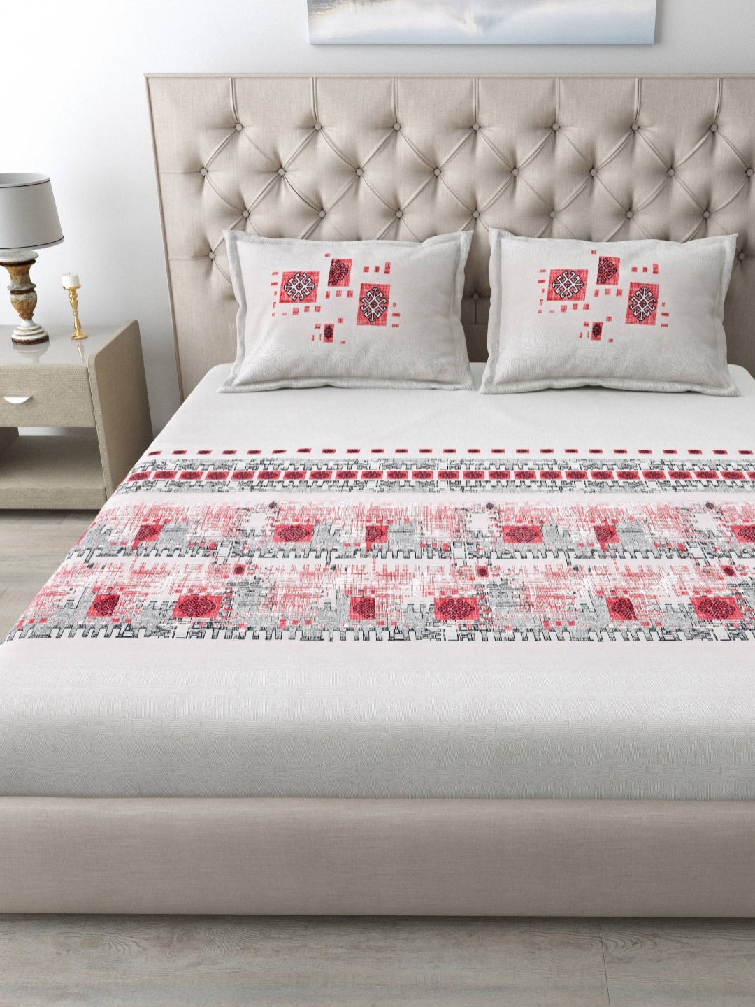 

MAFATLAL Spring Rlory Beige Floral Printed 186 TC Cotton King Bedsheet Set 2.74 m x 2.74 m