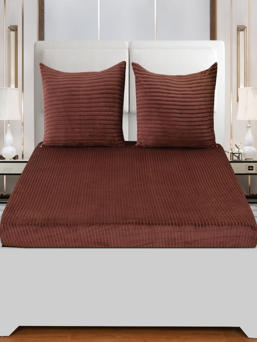 

BLUEDOT Flano Brown Striped 300 TC Wool King Bedsheet Set 1.98 m x 1.82 m