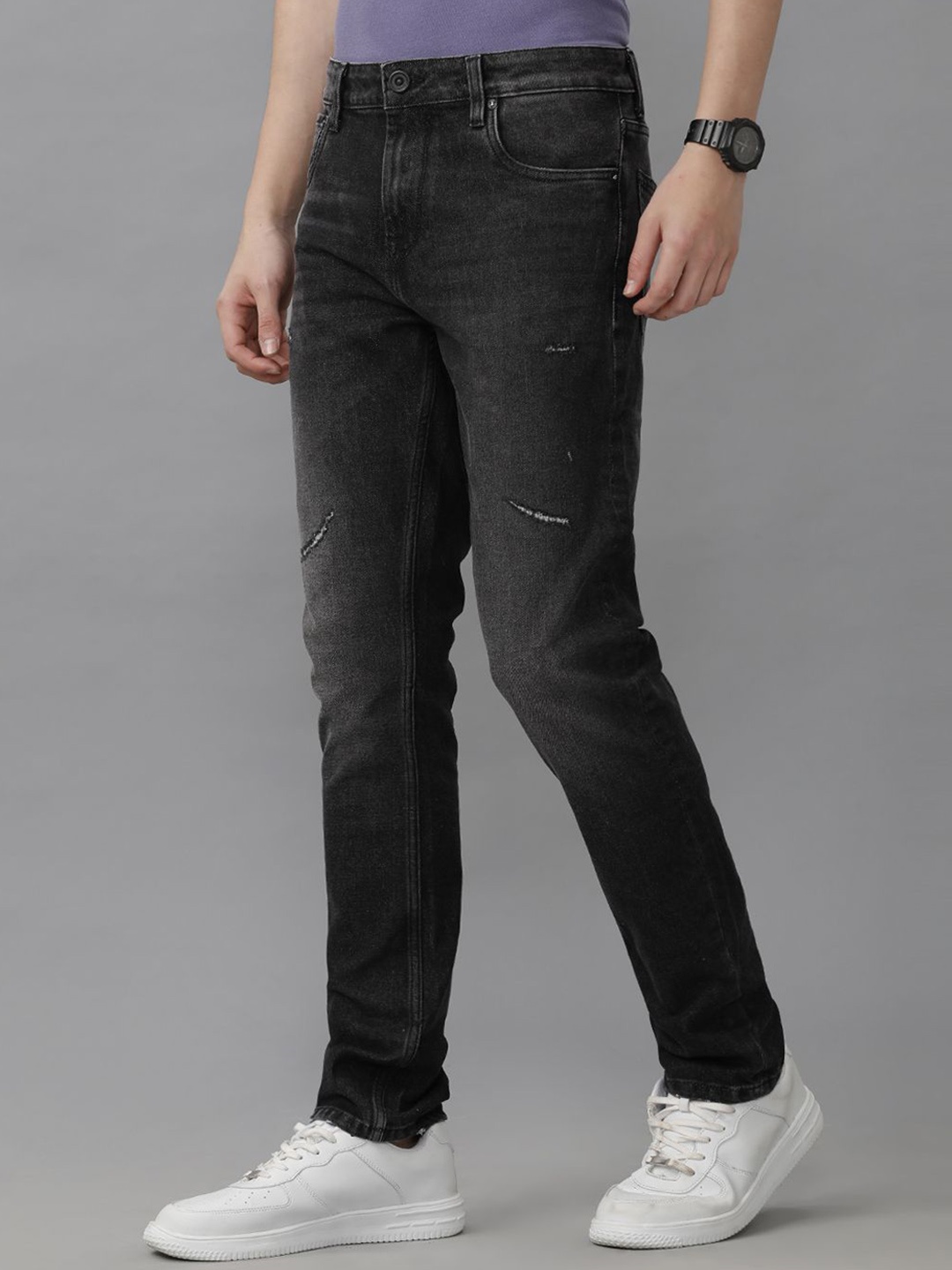 

Voi Jeans Men Tracked Skinny Fit Low Distress Stretchable Jeans, Black