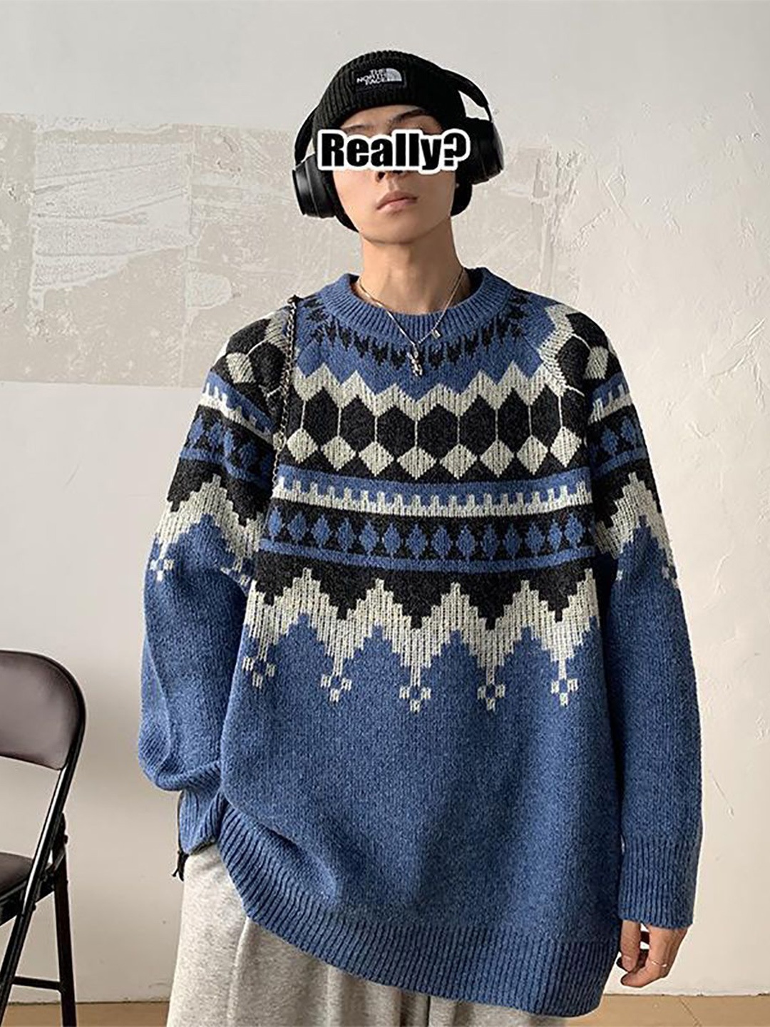 

StyleCast x Revolte Men Cable Knit Pullover, Blue