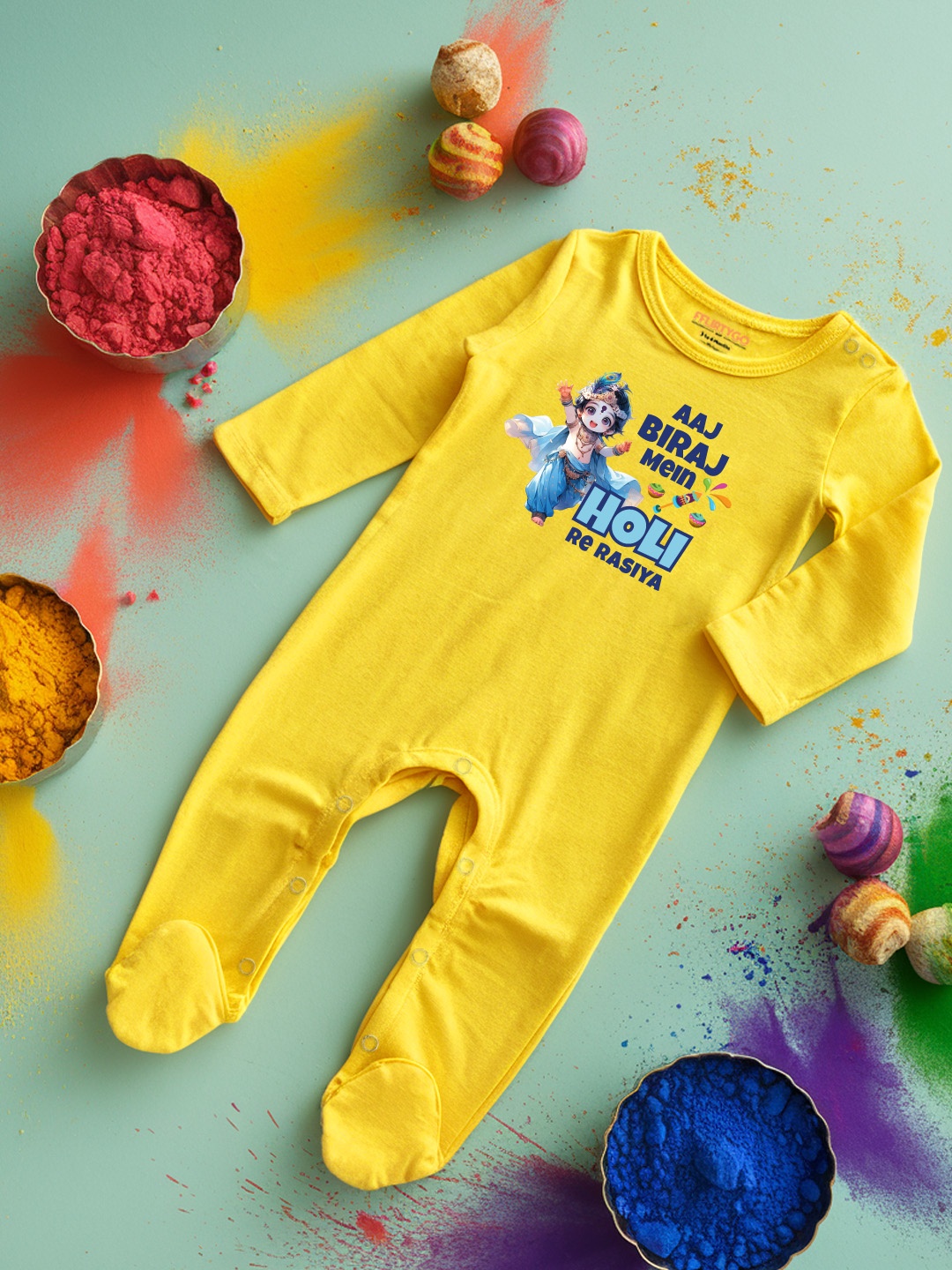 

FFLIRTYGO Infants Holi Printed Cotton Sleepsuit, Yellow