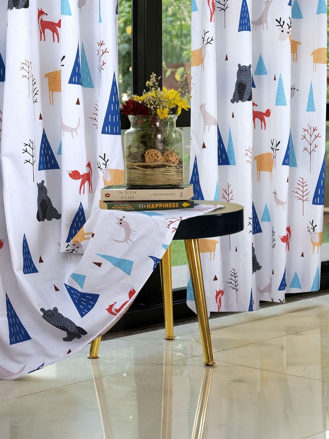 

Aura White & Blue Set of 2 Geometric Window Curtain
