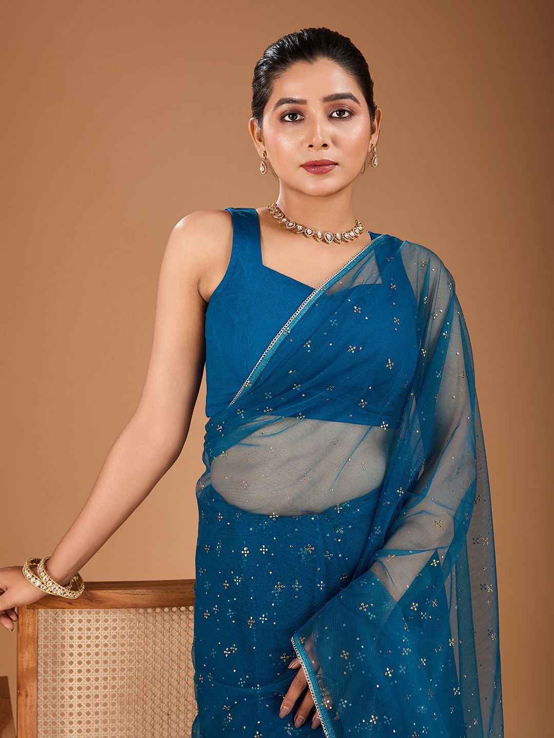 

House of Pataudi Mukaish Saree with Blouse Piece, Blue