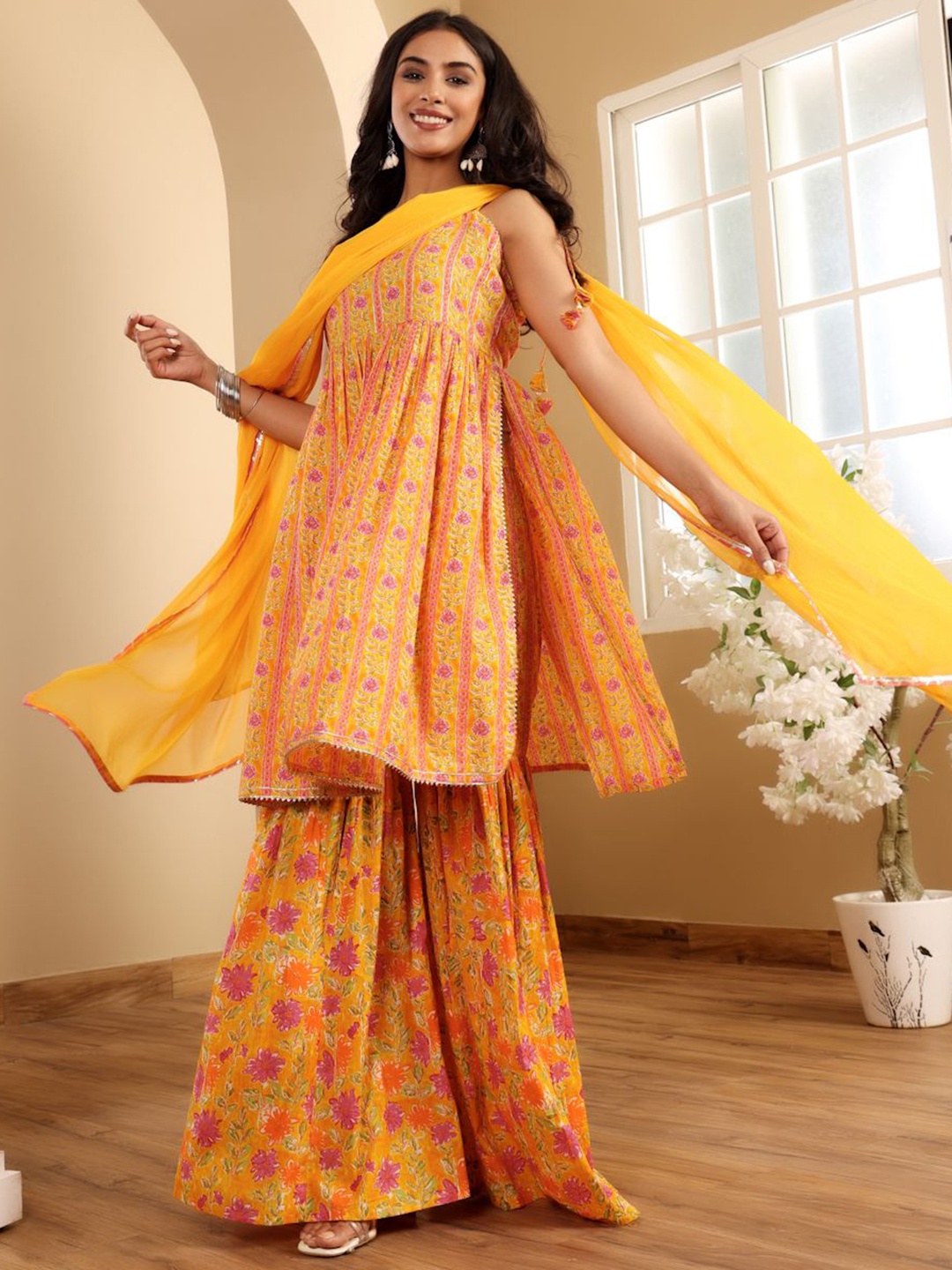 

Varanga Floral Printed A-Line Kurta With Sharara And Dupatta, Yellow