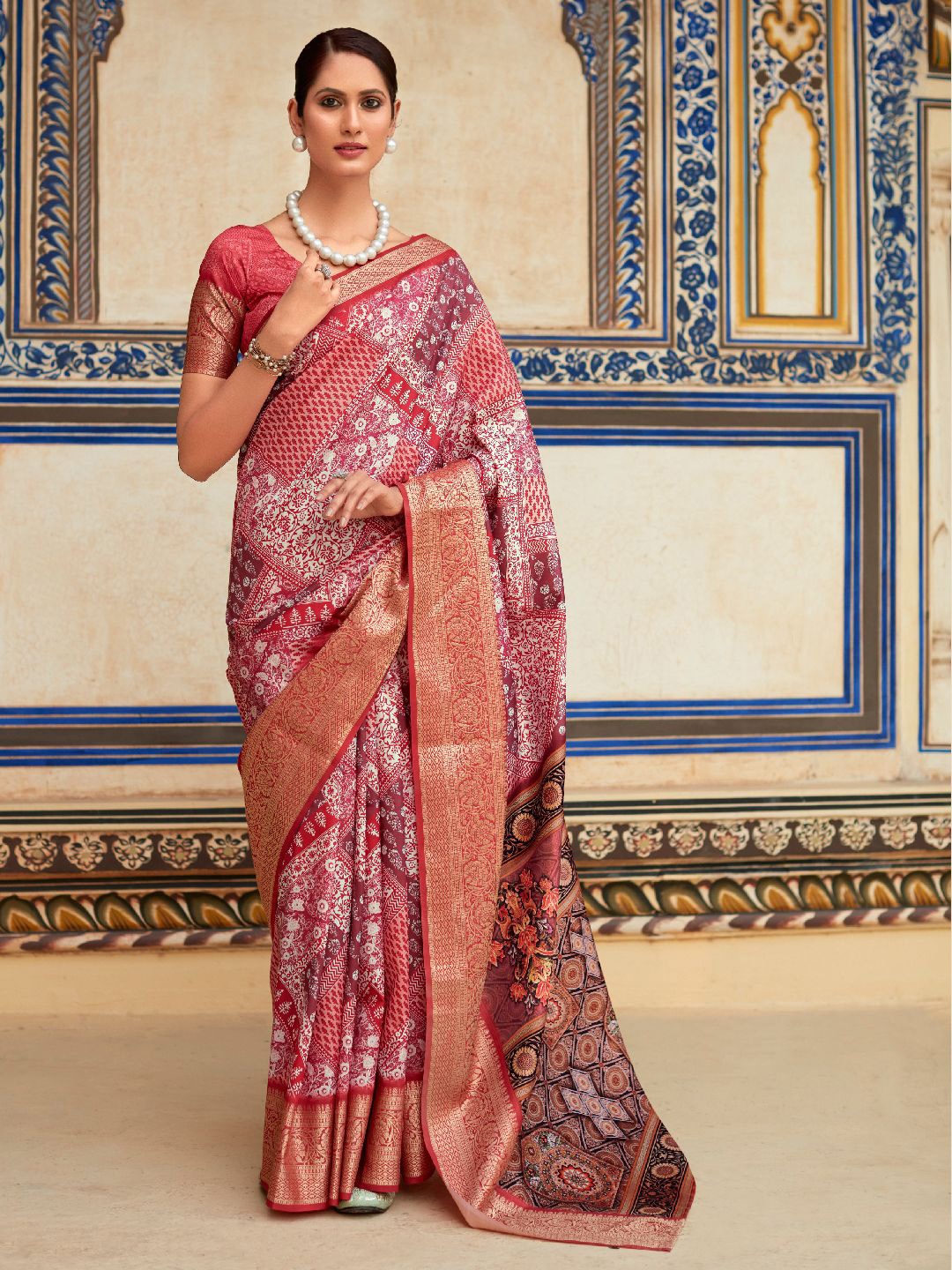 

Mitera Woven Design Printed Zari Saree With Unstitched Blouse Piece, Red
