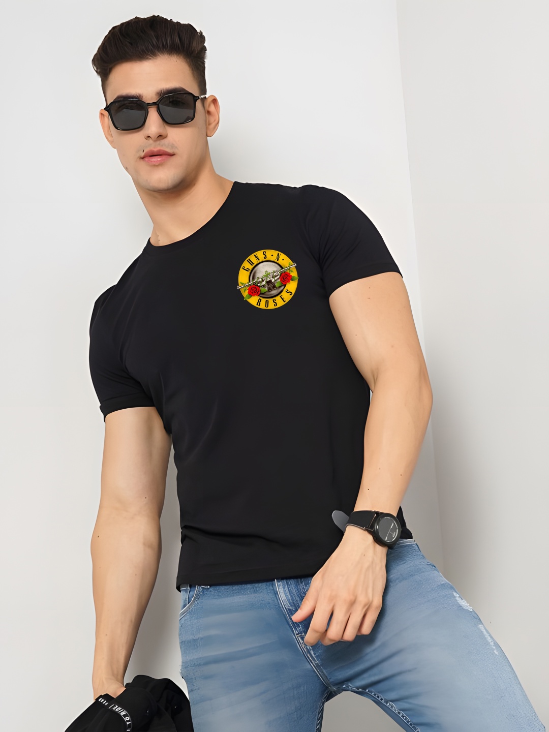

Krimmple Men Graphic Printed Round Neck Cotton T-shirt, Black