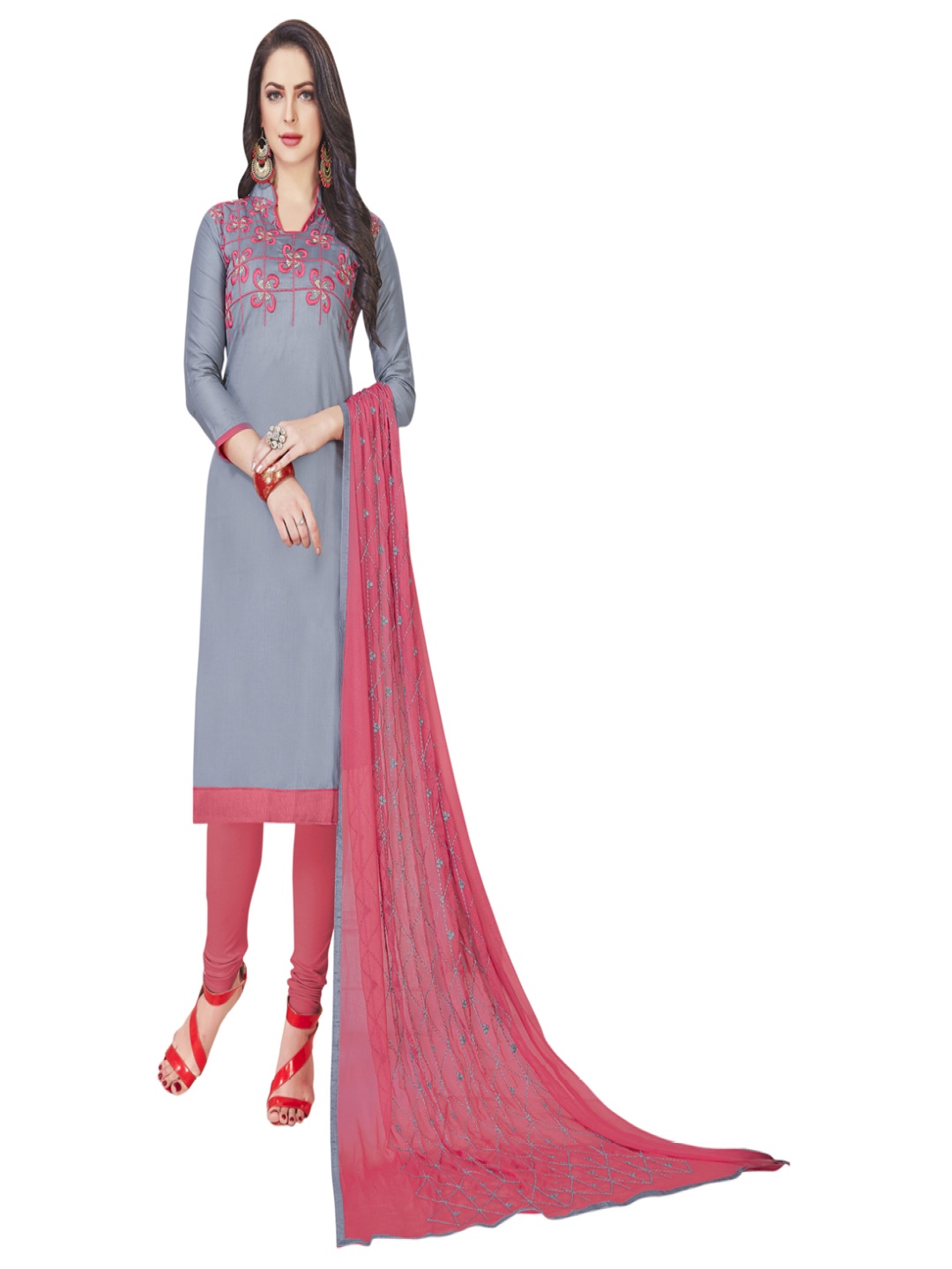 

HERE&NOW Floral Embroidered Unstitched Dress Material, Grey