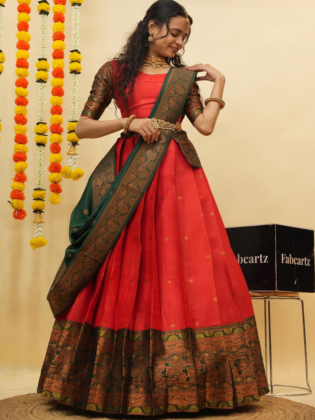 

Fabcartz Semi-Stitched Lehenga & Unstitched Blouse With Dupatta, Red