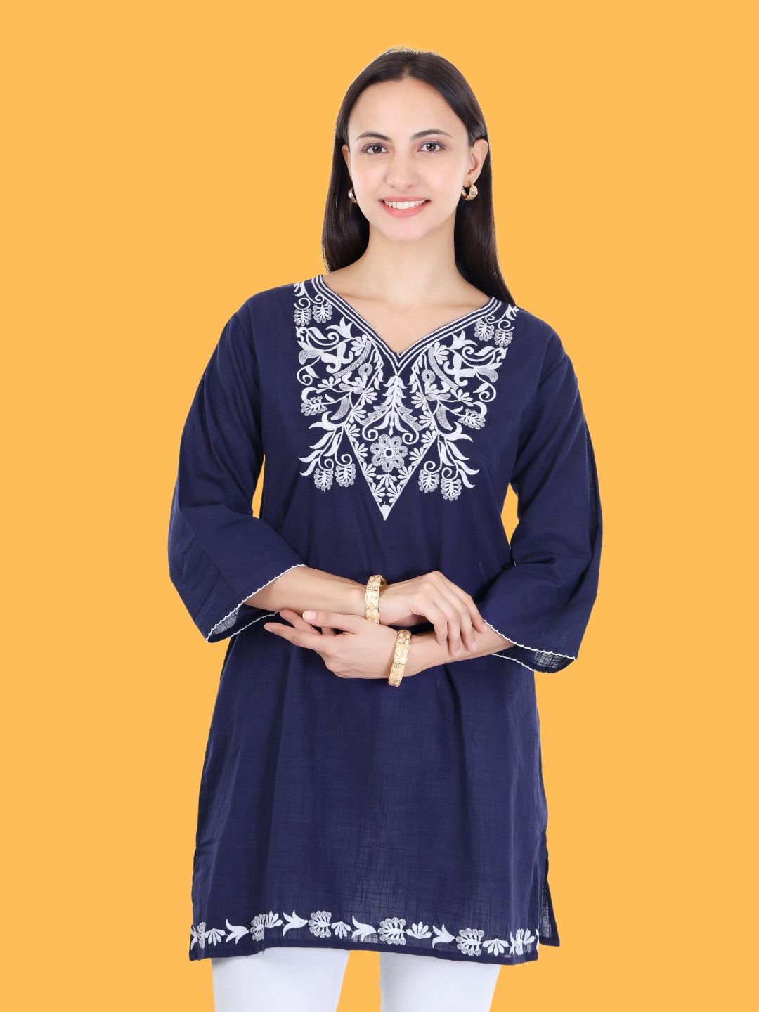

Moda Rapido Women Floral Embroidered Flared Sleeves Thread Work Pure Cotton Kurti, Blue