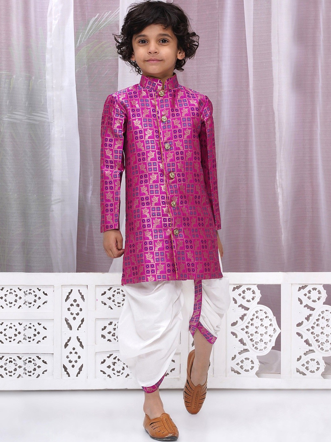 

Little Bansi Boys Woven Design Regular Pure Cotton Kurta with Dhoti Pant, Magenta