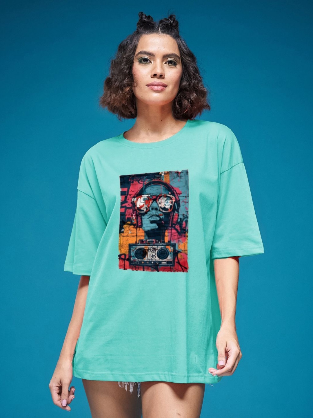 

SMARTEES Women Graphic Printed Round Neck Cotton Oversized T-shirt, Sea green