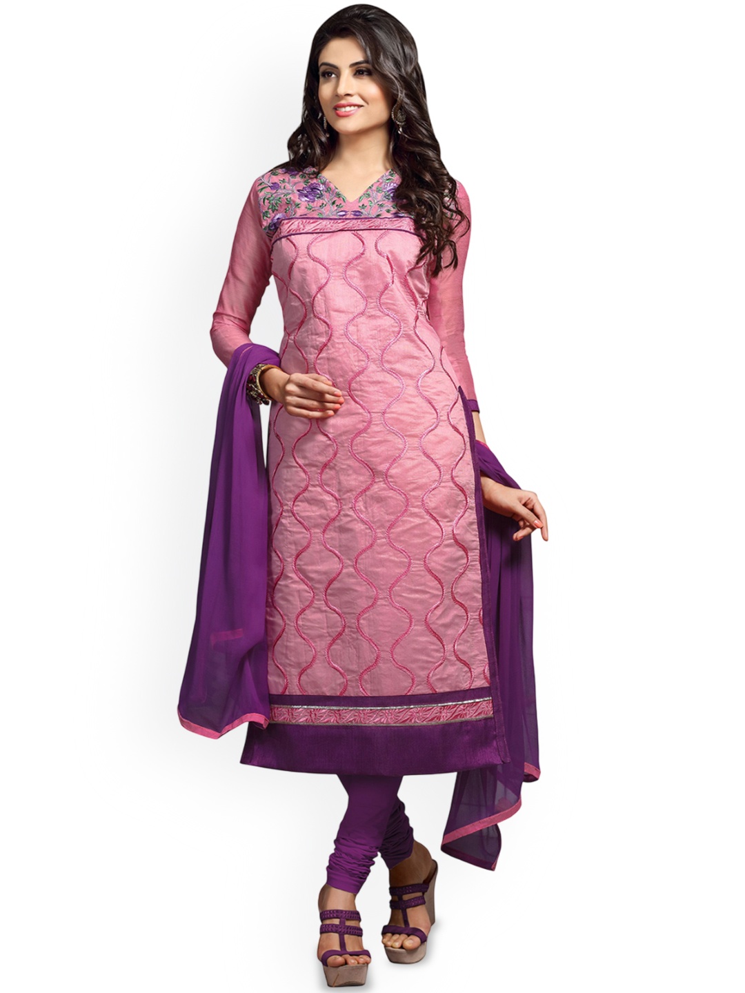 

HERE&NOW Ethnic Motifs Embroidered Unstitched Dress Material, Pink