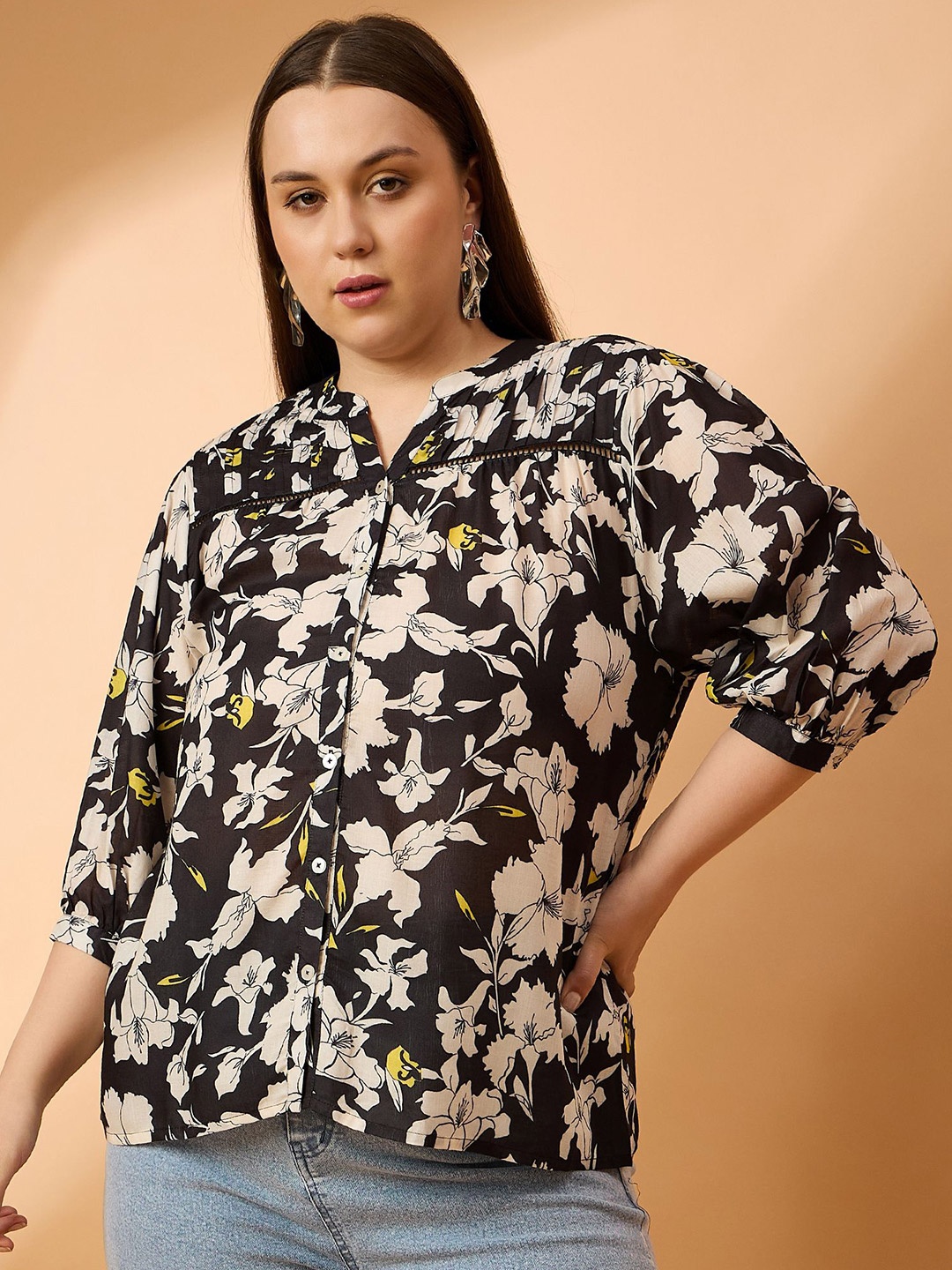 

all about you Floral Print Mandarin Collar Puff Sleeve Top, Black