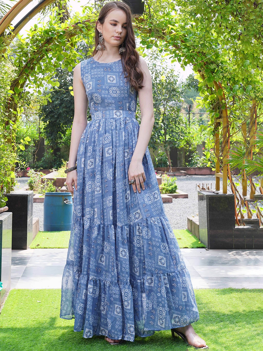 

Chandbaali Printed Fit & Flare Maxi Dress, Blue