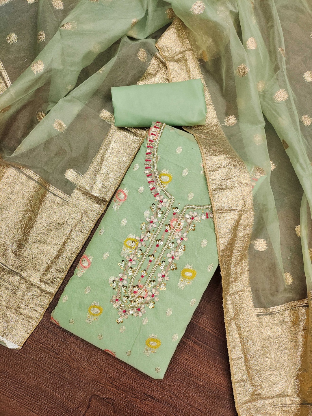 

Blissta Woven Design Beads and Stones Organza Unstitched Dress Material, Green