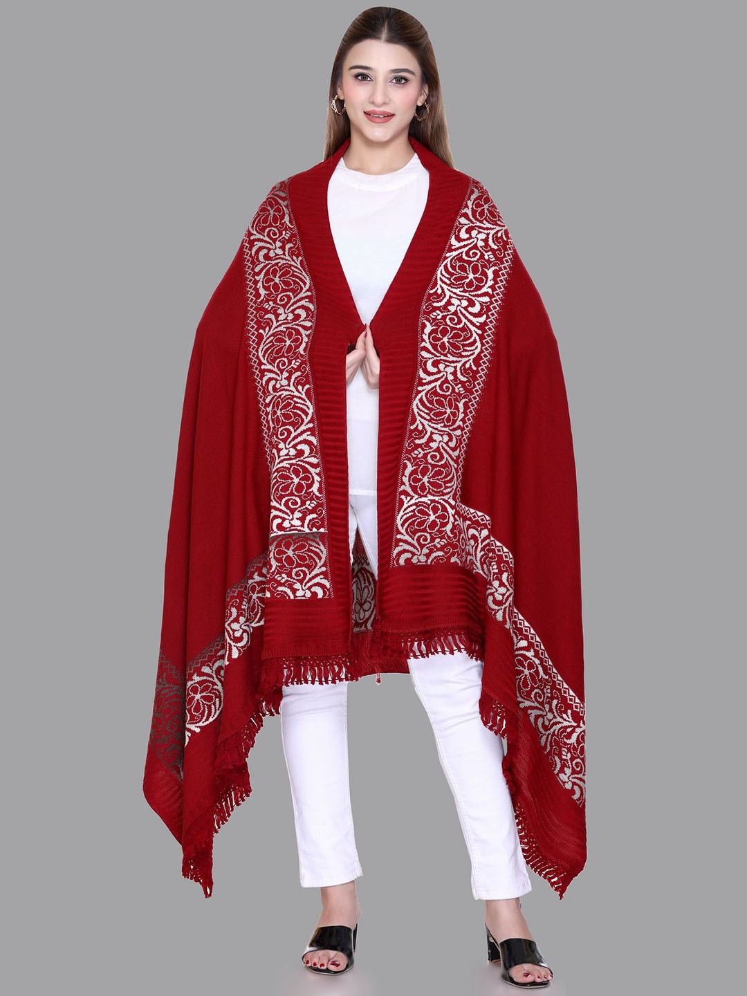 

Tones-N-Shades Stylish Floral Woven Design Woollen Shawl, Maroon