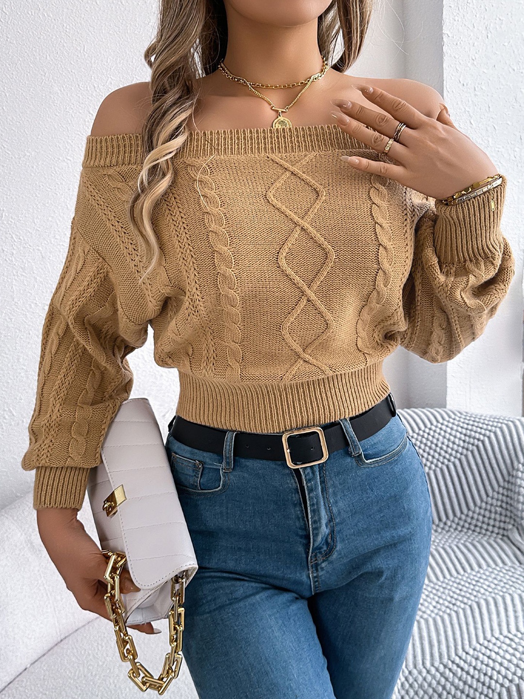 

StyleCast x Revolte Women Cable Knit Crop Pullover, Khaki