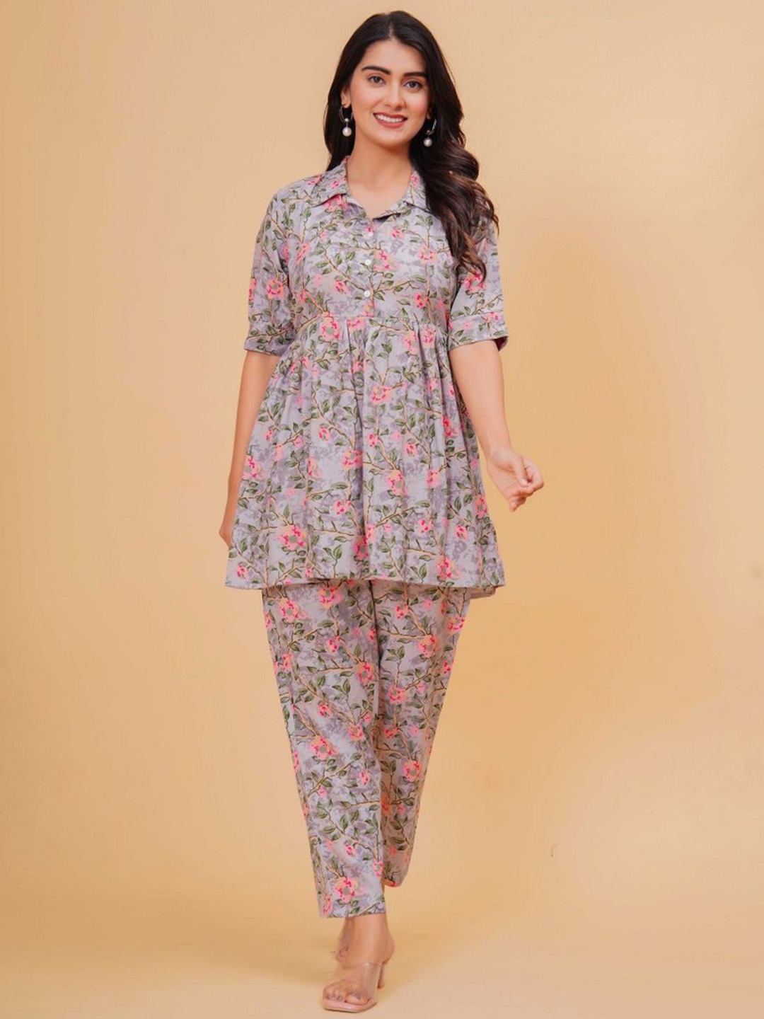 

yaltas Women Floral Printed Regular Pure Cotton Kurti with Trousers, Grey