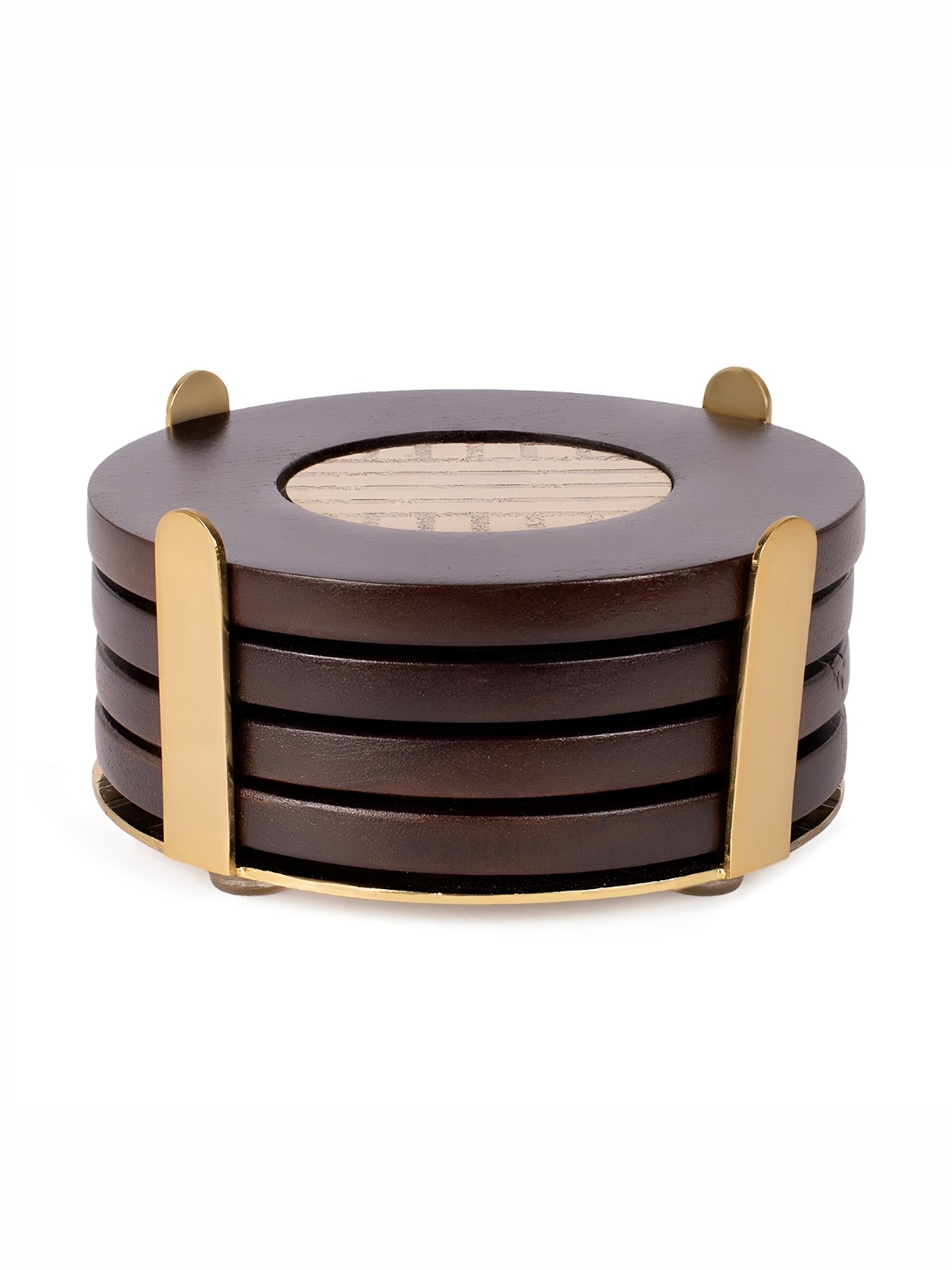 

IAAH Gold-Toned Brown 4 Pieces Vadon Wooden Tea Coaster Set