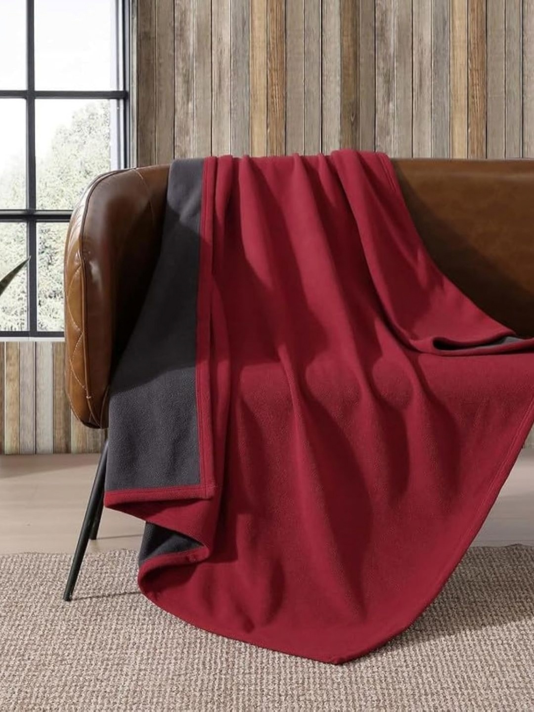 

VAS COLLECTIONS Grey & Red Fleece AC Room 400 GSM Reversible Double Bed Blanket