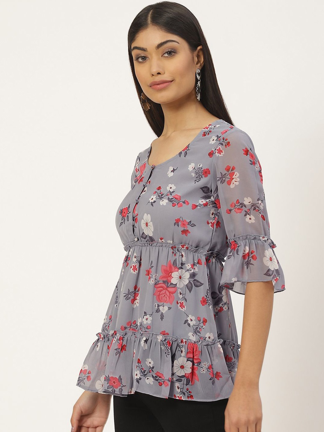 

Moda Rapido Women Floral Printed Peplum Top, Grey