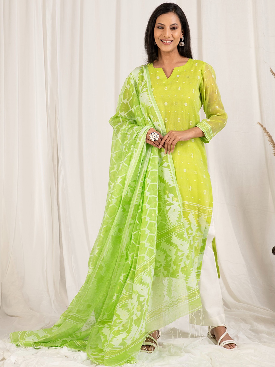 

Kasturi Creations Abstract Woven Design Pure Cotton Kurta With Trousers And Dupatta, Green