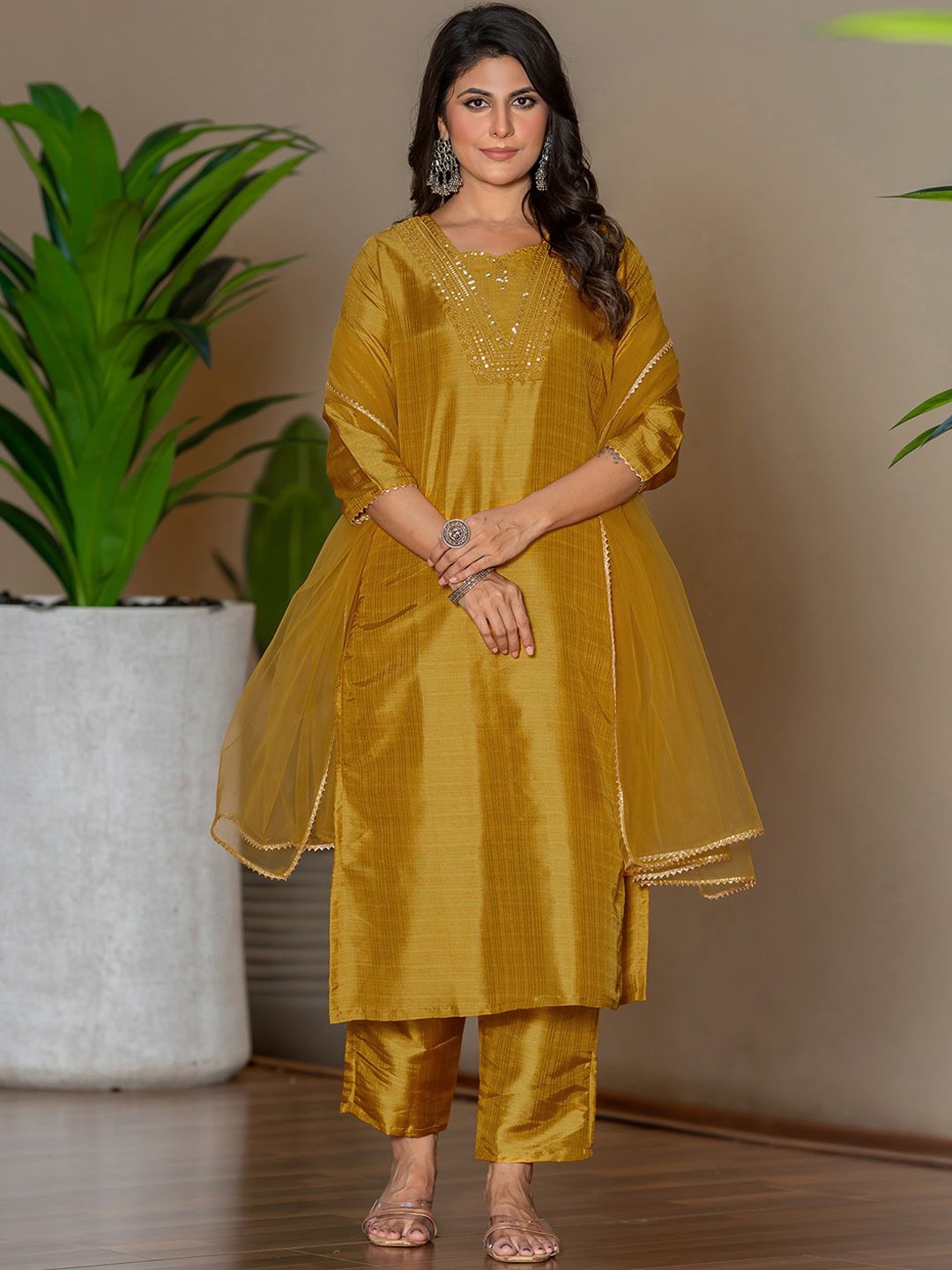 

KALINI Women Ethnic Motifs Embroidered Regular Kurta with Trousers & With Dupatta, Mustard