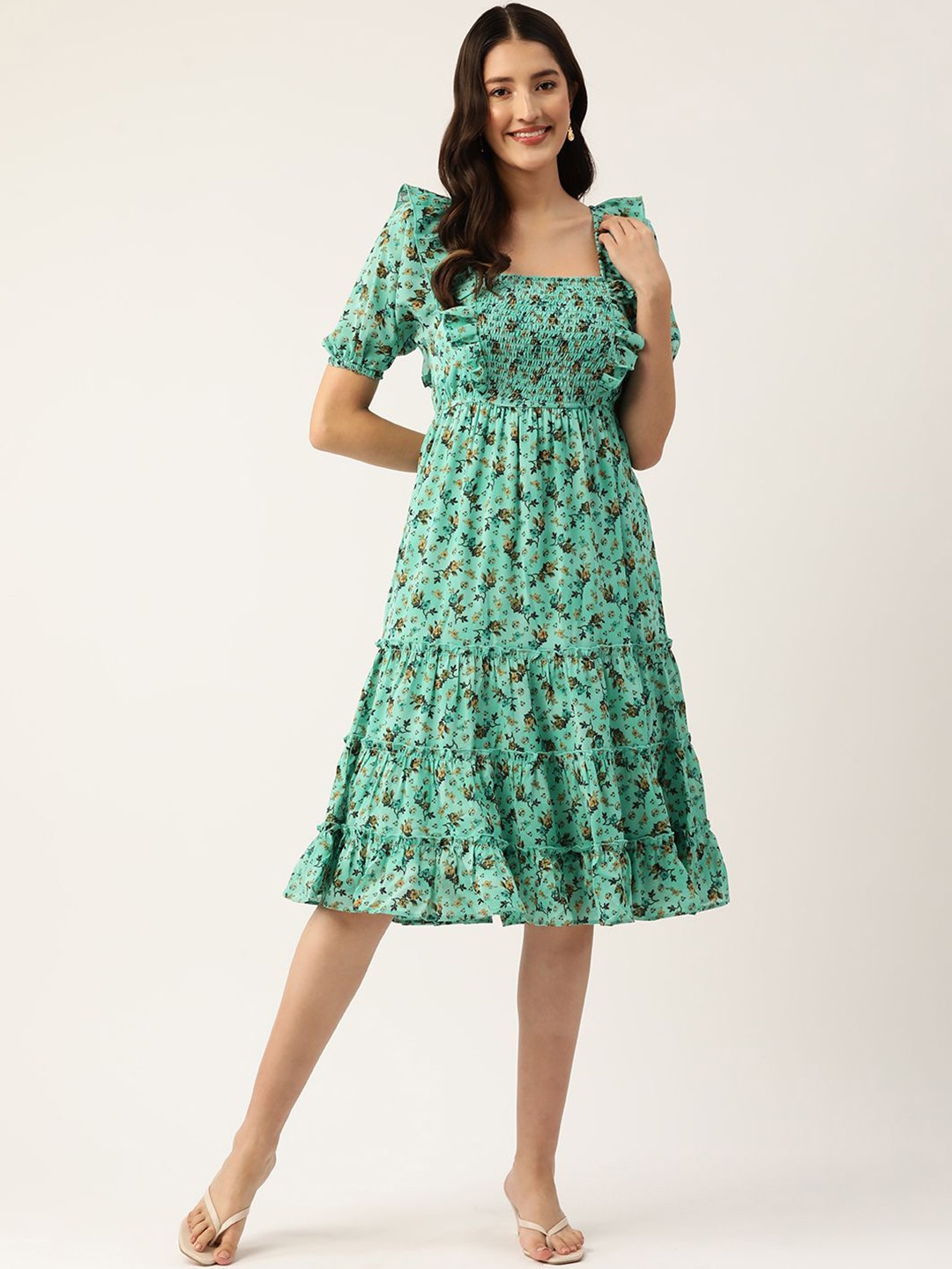 

Moda Rapido Floral Print Puff Sleeve Georgette Empire Dress, Turquoise blue