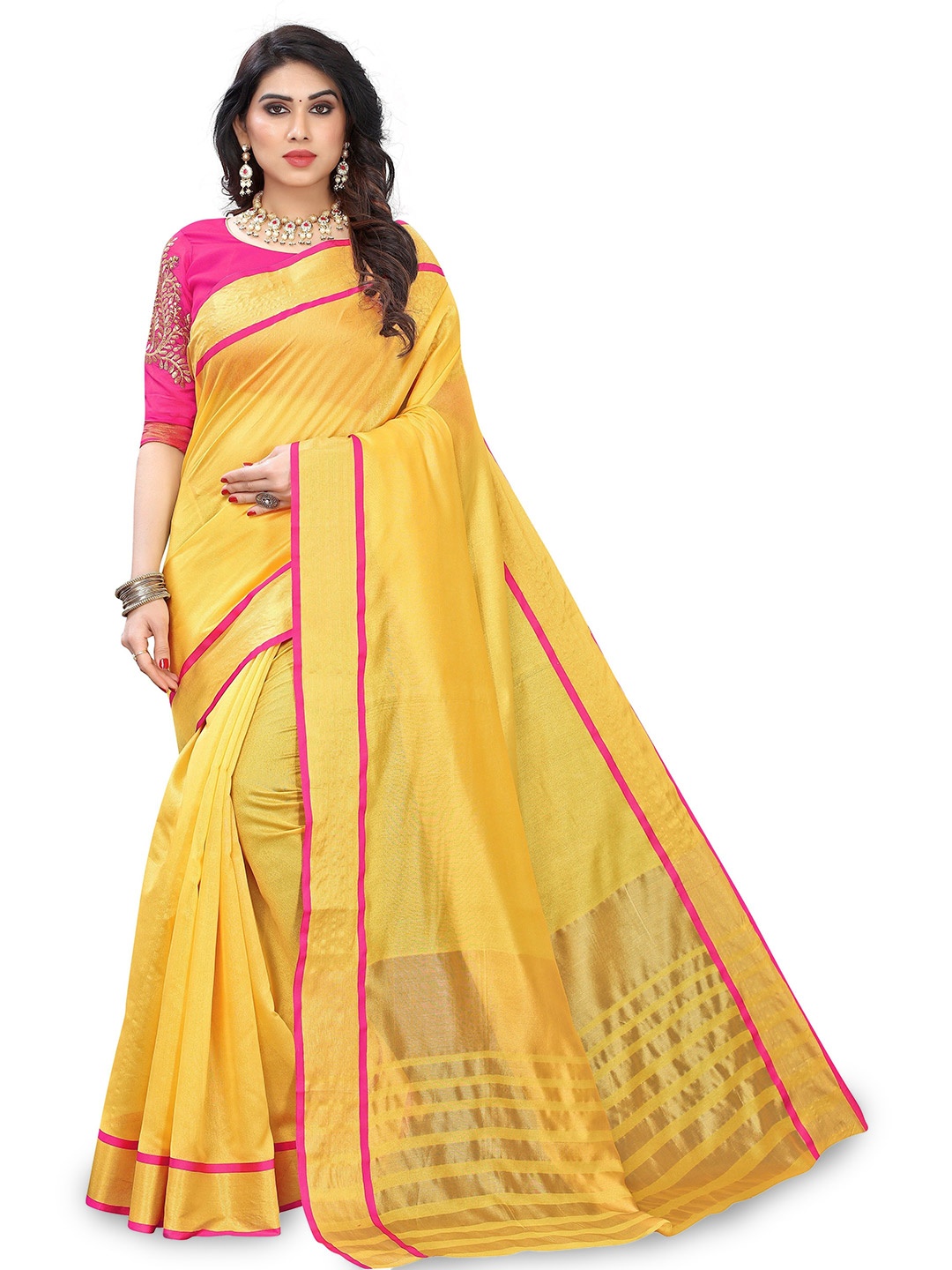 

bansari textiles Zari Pure Silk Tussar Saree, Yellow