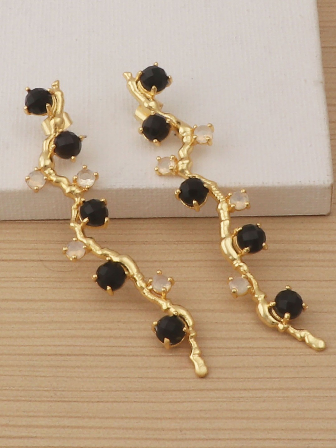 

EL JOYERO Gold-Plated Agate Stones Studded Contemporary Shaped Drop Earrings