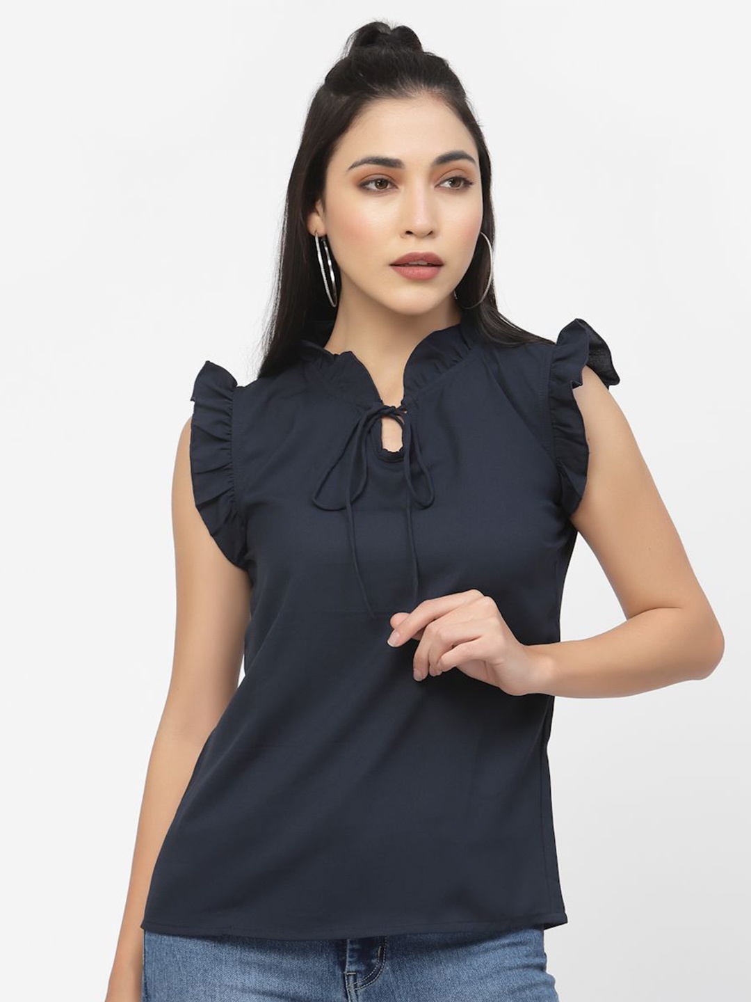 

DELIS Women Tie-Up Neck Top, Navy blue