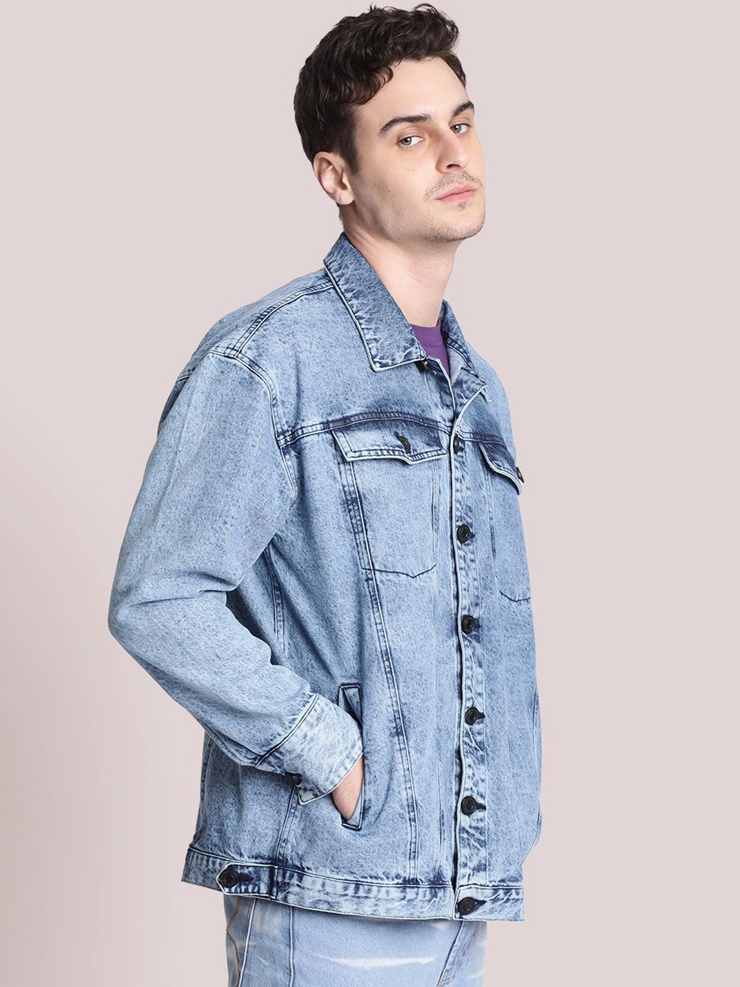 

Bene Kleed Men Spread Collar Graphic Printed Casual Denim Jacket, Blue