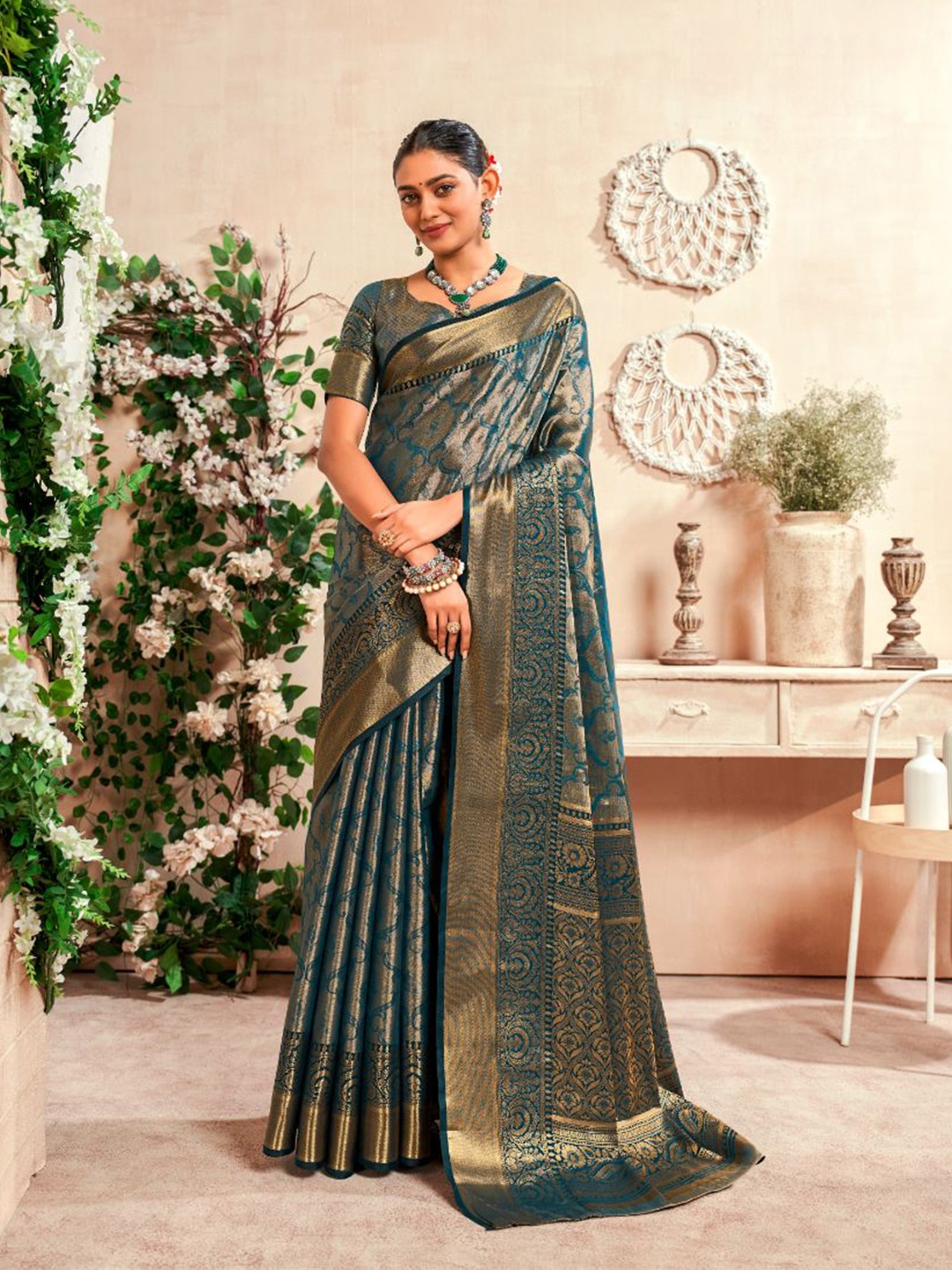 

NK Textiles Woven Design Dharmavaram Saree, Teal