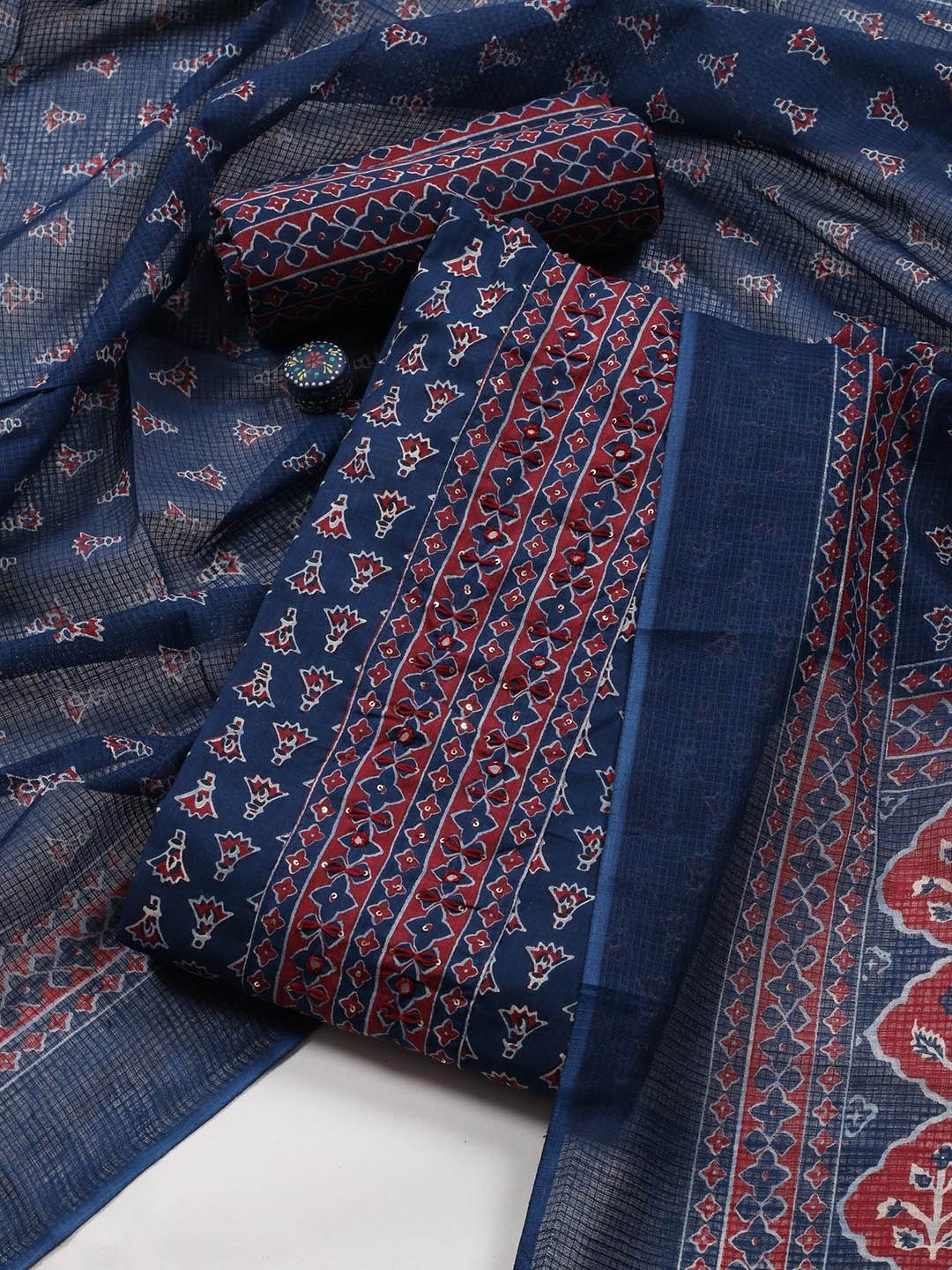 

Meena Bazaar Floral Printed Sequinned Cotton Unstitched Dress Material, Navy blue