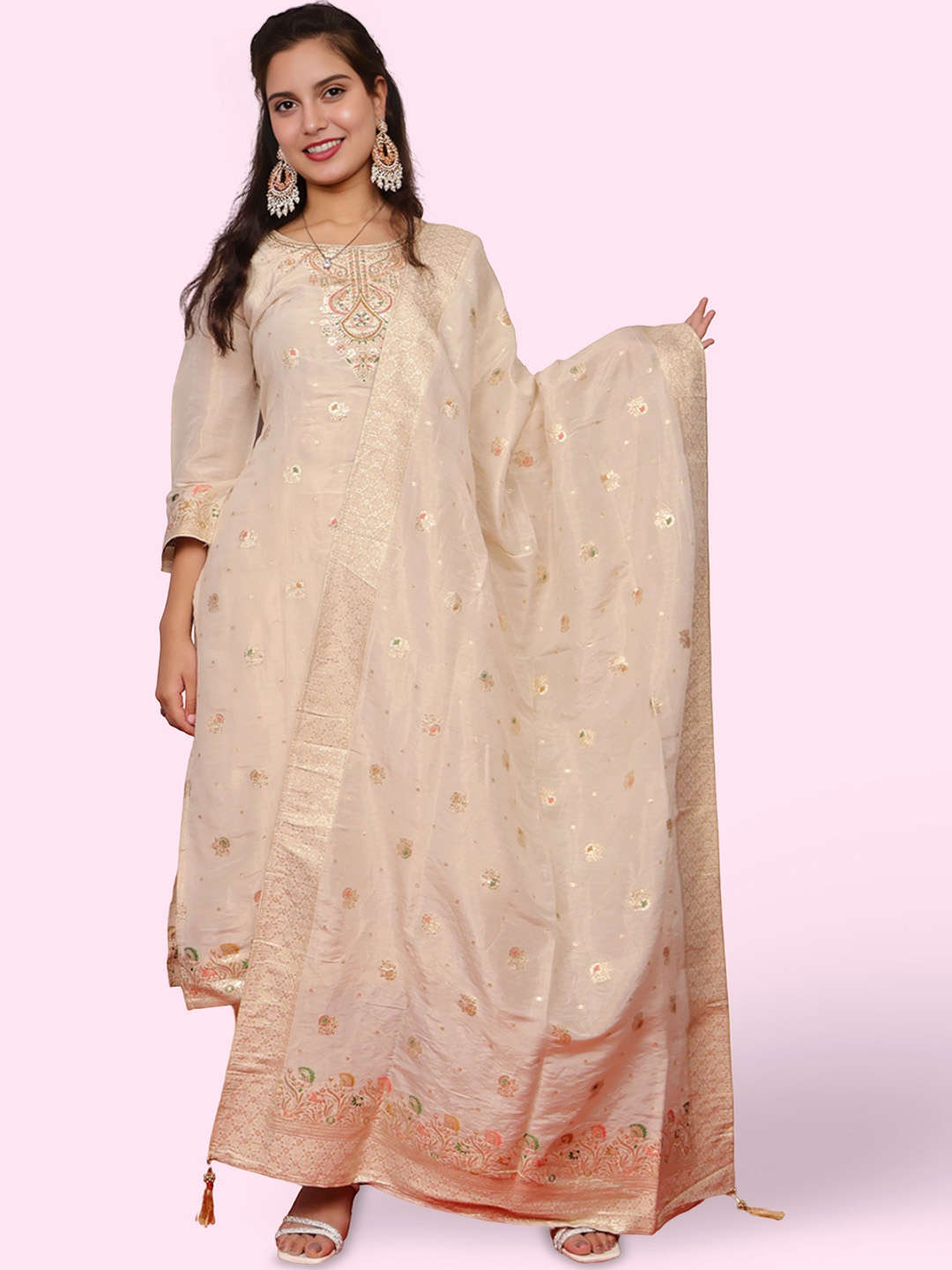 

Shreekama Floral Embroidered Round Neck Chanderi Silk Straight Kurta & Trouser & Dupatta, Beige
