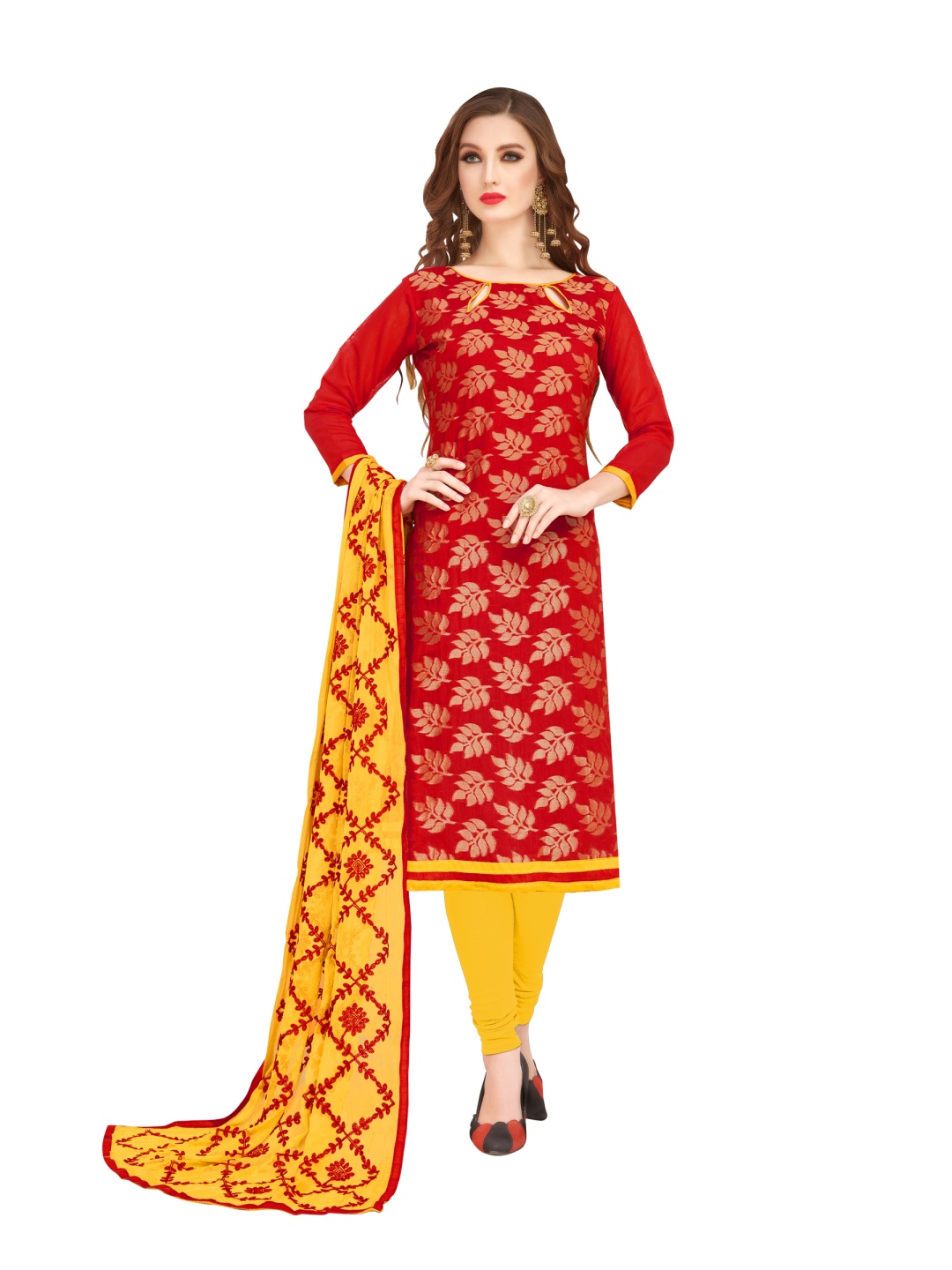 

HERE&NOW Floral Woven Design Banarasi Jacquard Unstitched Dress Material, Red