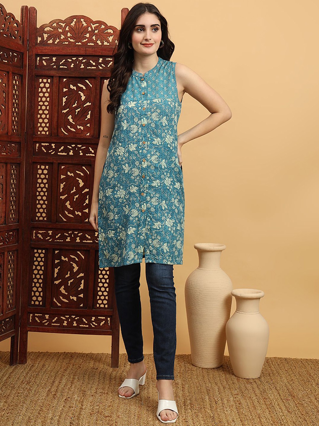 

Anouk Rustic Women Ethnic Motifs Printed Summer Sheers Kurta, Blue