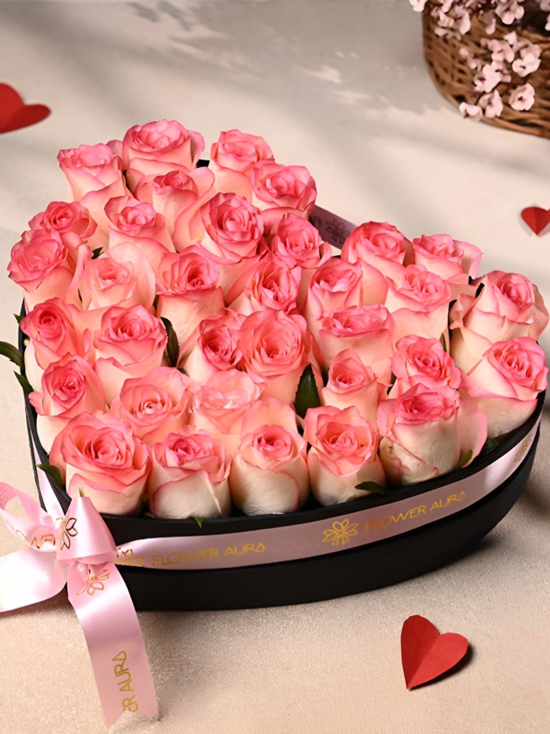 

Floweraura Pink & Black 35 Pieces Roses Fresh Flowers Bouquet With Heart Box