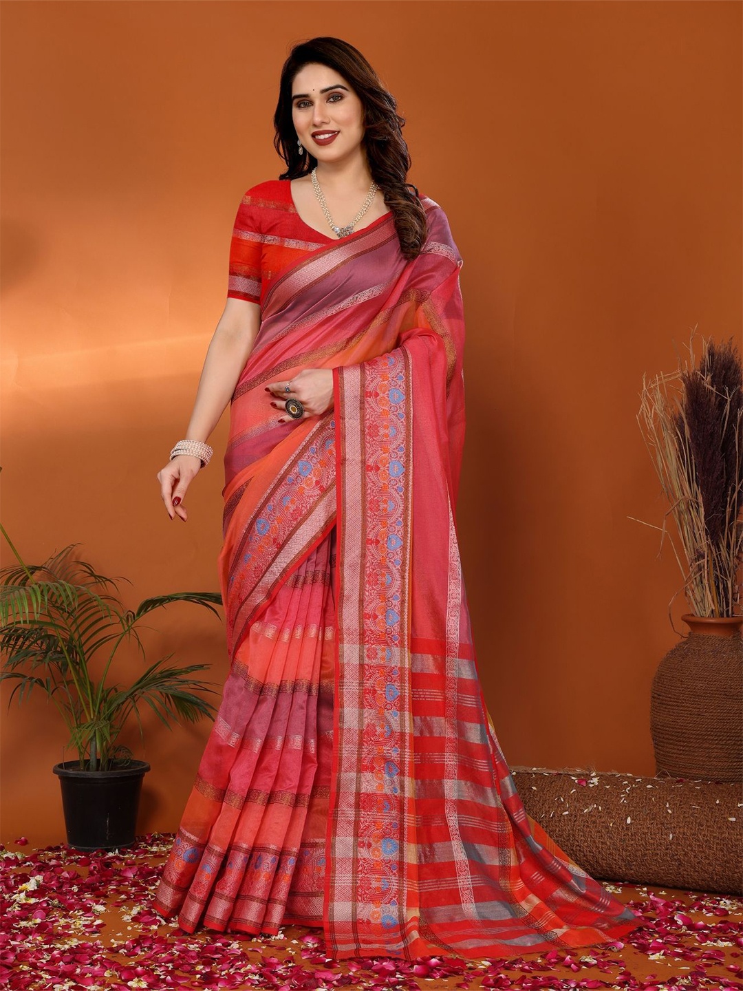 

vj fashion Woven Design Zari Linen Blend Saree, Red