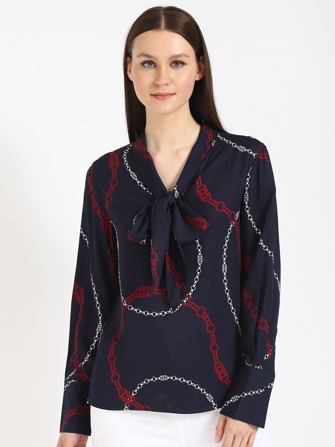 

Tommy Hilfiger Women Abstract Printed Tie-Up Neck Cuffed Sleeves Top, Navy blue