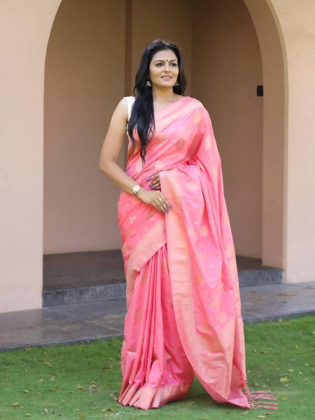 

bansari textiles Woven Design Zari Kanjeevaram Saree, Pink