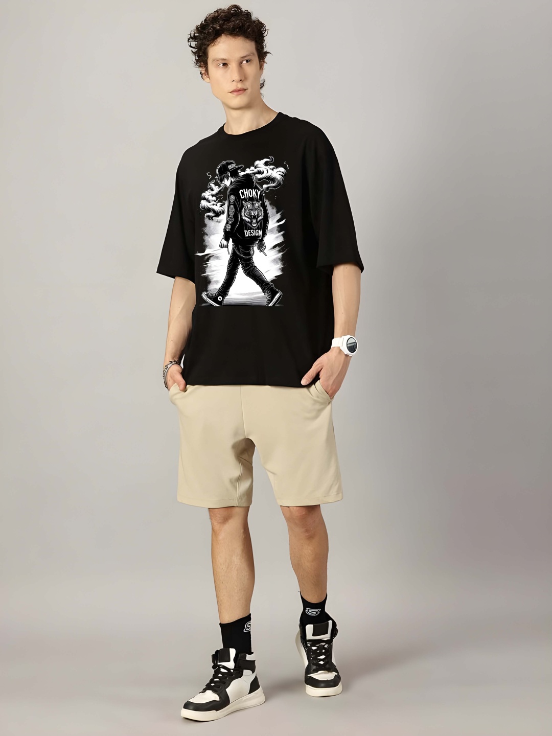 

BOWLIFESTYLE Men Drop-Shoulder Sleeves Pure Cotton T-shirt, Black
