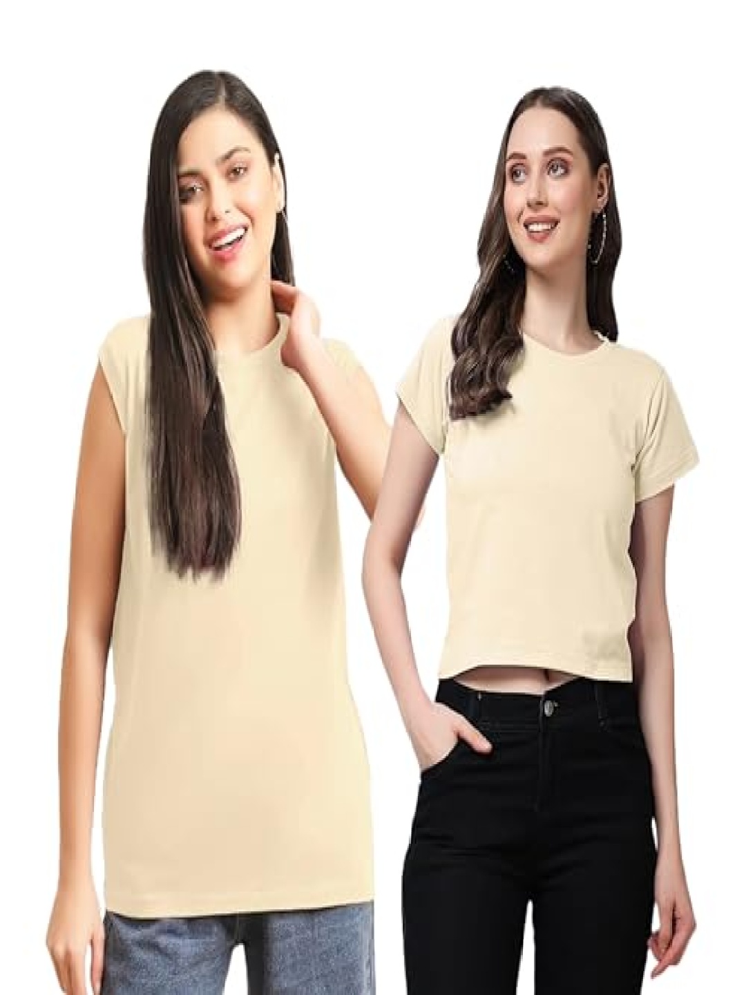 

NOTWILD Women Pack Of 2 Solid Round Neck Cotton T-shirts, Beige