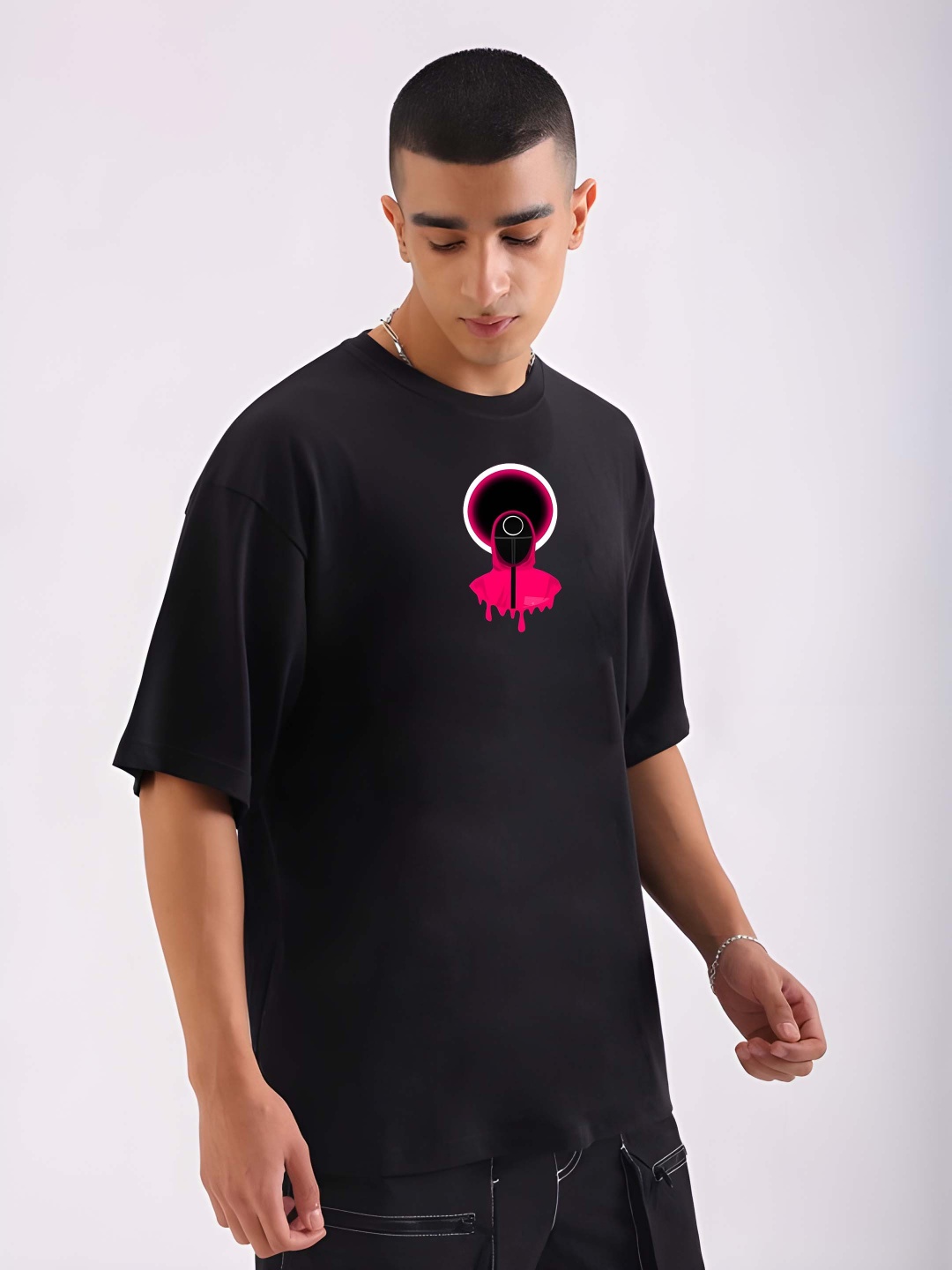 

Krimmple Men Graphic Printed Round Neck Cotton Oversized T-shirt, Black