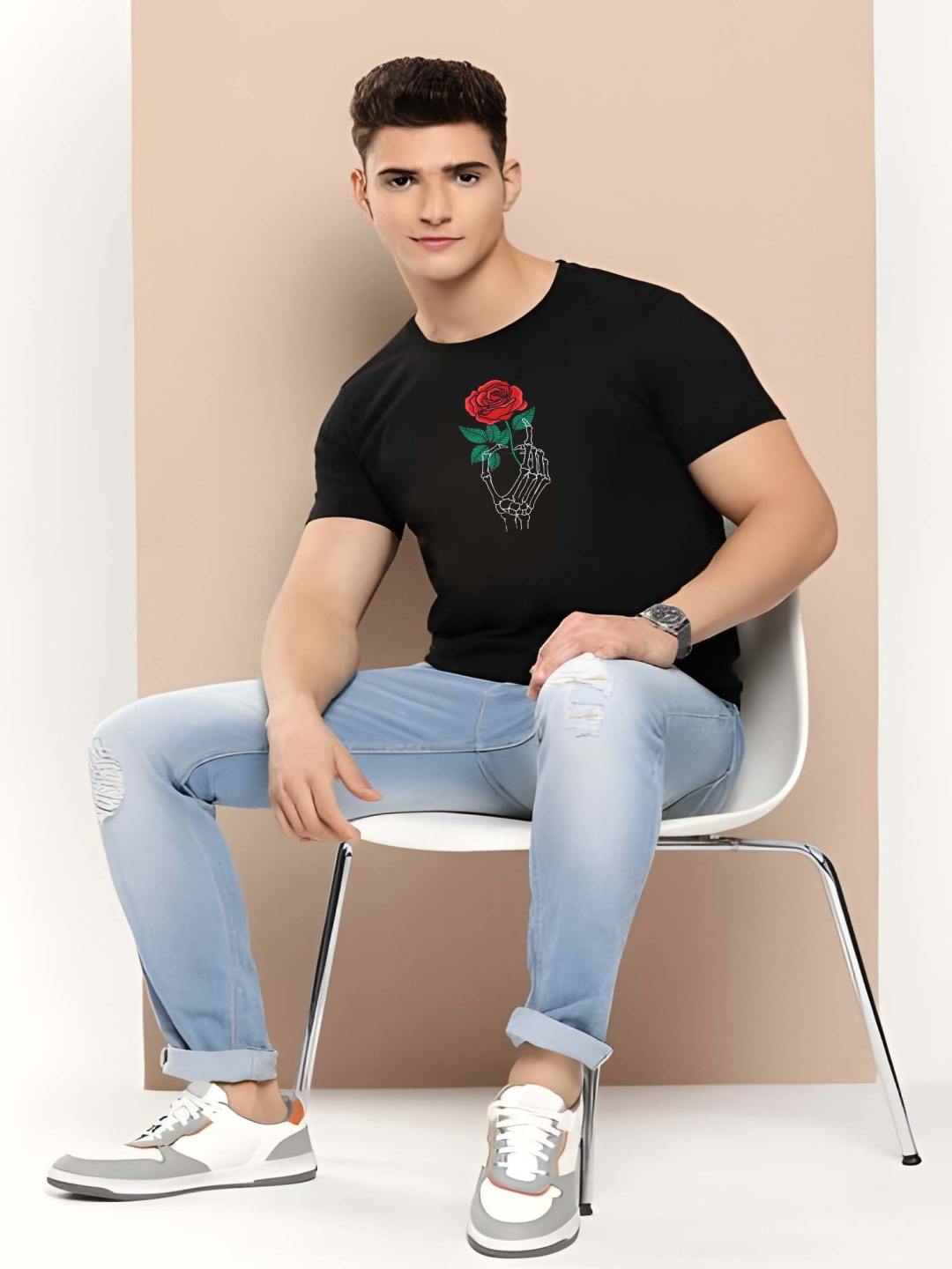 

Krimmple Men Graphic Printed Round Neck Cotton T-shirt, Black